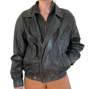 Vintage 1990s Womens Black Leather Biker Bomber Moto Winter Jacket Coat Sz M
